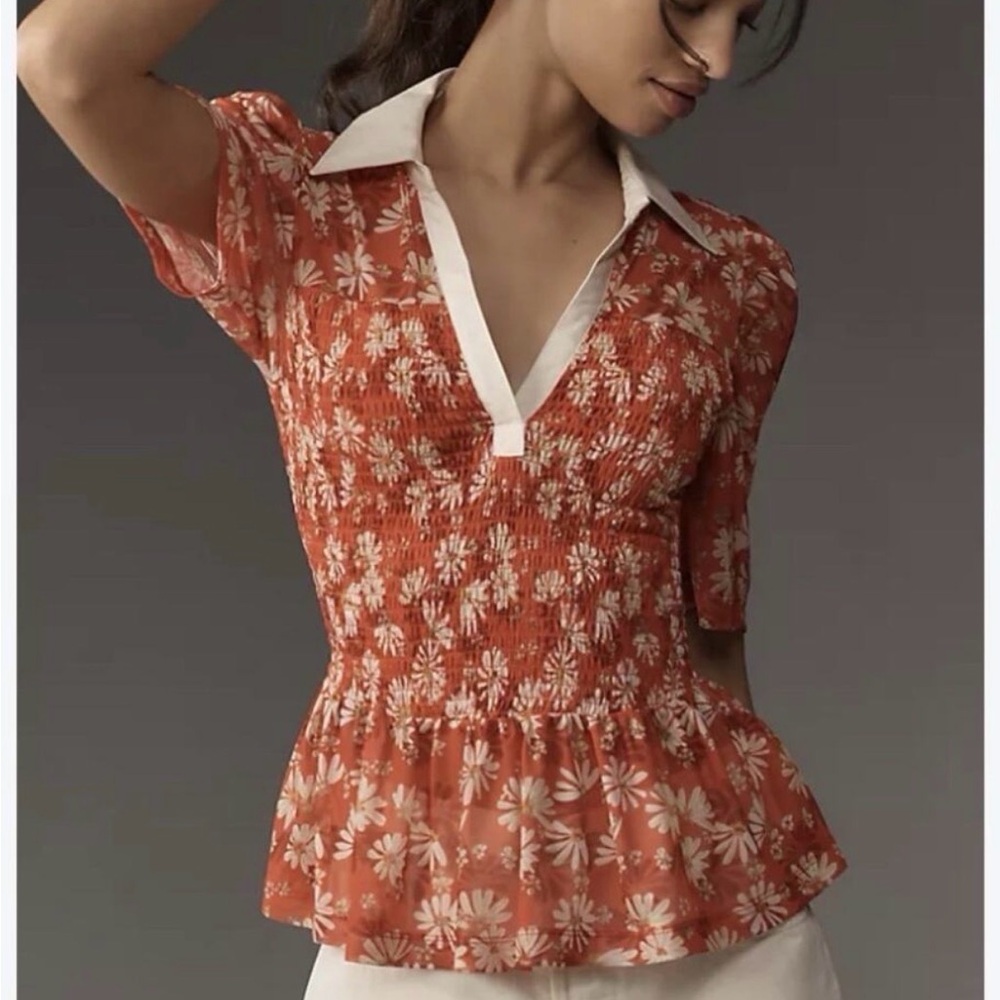 Maeve Red Mesh Floral Smocked Peplum Top with Cream Collar